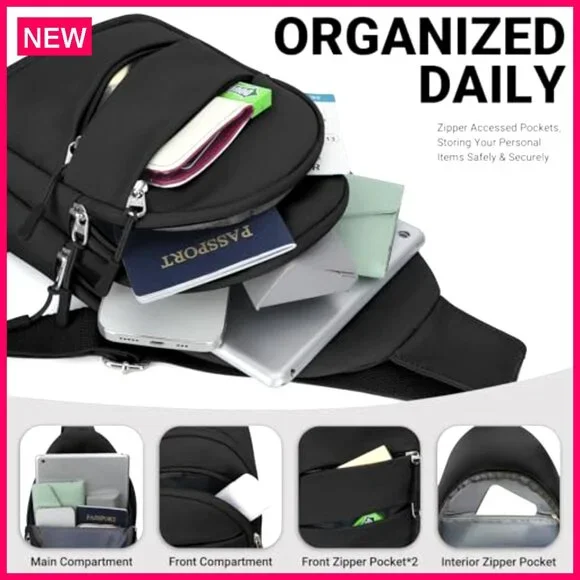 Lightweight Anti-Theft Sling Backpack, 5-Pocket Daypack for Hiking Travel - Picture 5 of 7